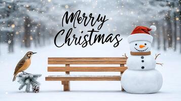 Merry christmas photo with snowman and bird