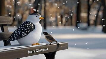 A penguin and a bird sitting on a bench in the snow photo