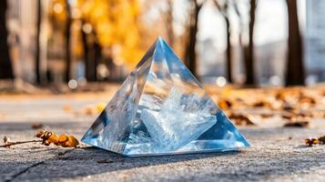 A crystal pyramid sitting on the ground photo
