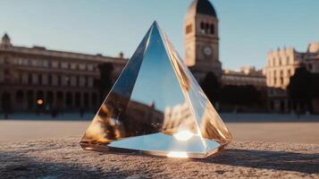A glass pyramid sitting on a stone ledge photo