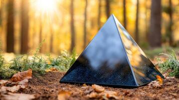 A pyramid shaped object in the woods photo