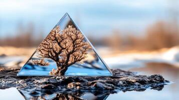A tree is reflected in a triangular shaped glass photo