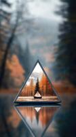 A triangle shaped mirror with a forest in the background photo