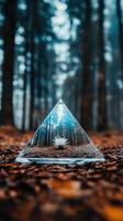 A clear pyramid with a flower inside on the ground photo