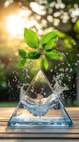 Water and green leaf in pyramid shape on wooden table photo