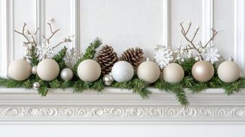 A mantle with white eggs, pine cones and evergreen branches photo