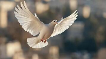 A white dove flying in the air over a city photo