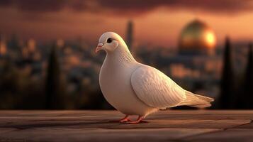 A white pigeon stands on a wooden platform in front of a city photo