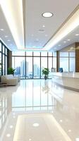 A modern office lobby with a reception desk photo