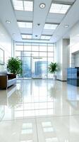 A large white office lobby with a large window photo