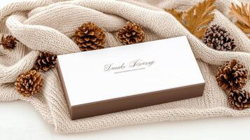 A white gift box with pine cones and a knitted scarf photo