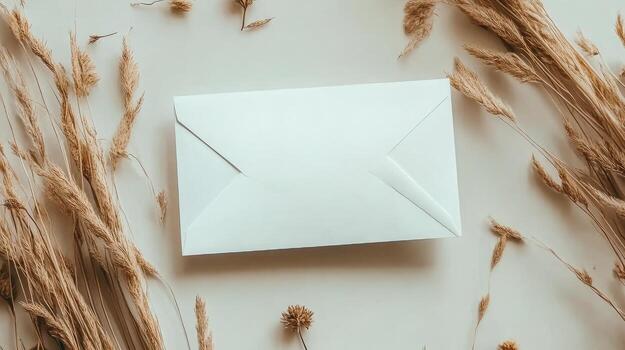 Blank white envelope with dry grass photo