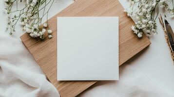 Blank paper mockup on wooden table photo