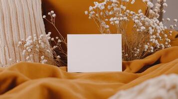 Blank card mockup on orange blanket photo