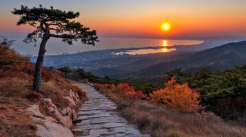 A path leading up to a mountain with the sun setting behind it photo