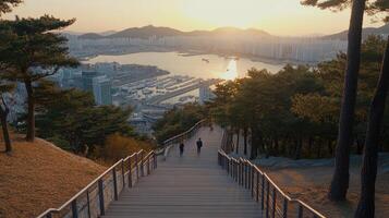 A staircase leading up to a hill with trees and water photo