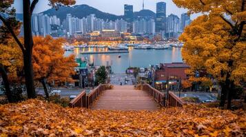 A city skyline with a view of the water and trees photo