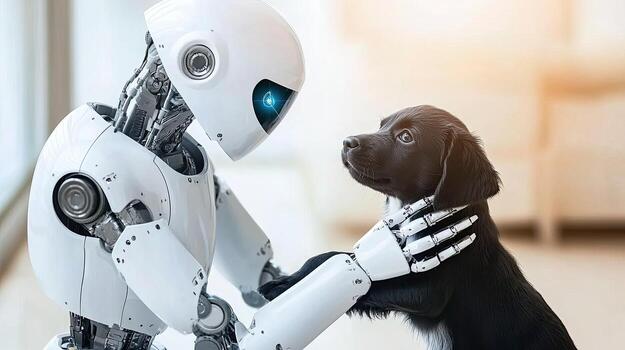 A robot is holding a black dog photo