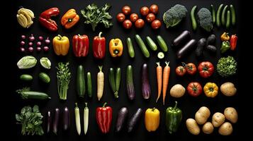 A large assortment of vegetables and fruits on a black background photo
