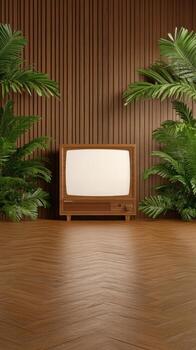 Retro tv in a wooden room with palm trees photo