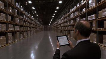 A man in a suit holding a tablet in a warehouse photo