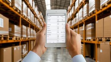 A person holding up a tablet in a warehouse photo