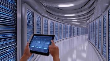 A person holding a tablet in front of a server room photo