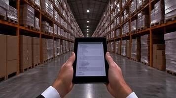 A person holding a tablet in a warehouse photo