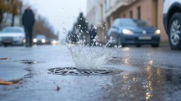A man is standing next to a drain with water coming out photo