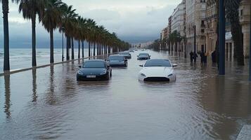 Cars are submerged in flood water on a street photo