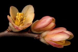 Close-up of delicate flowers with soft pink and yellow hues. photo