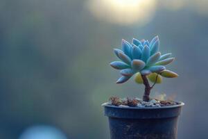 A succulent plant in a pot against a blurred background. photo