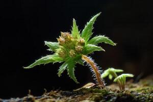 Young plant sprouting from mossy surface in low light. photo