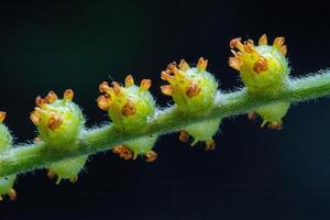 Close-up of green plant structure with orange tips. photo