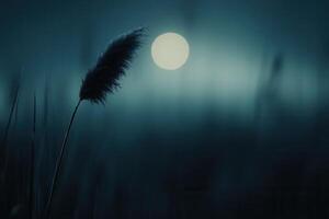 Silhouette of a grass stalk against a glowing moon. photo