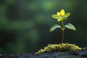 A solitary yellow flower grows on mossy ground. photo
