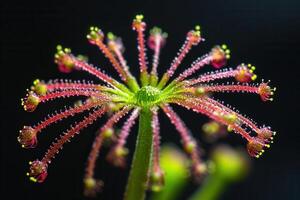 Close-up of a vibrant carnivorous plant with dew droplets. photo