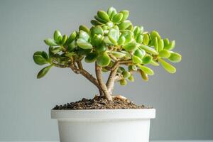 A small jade plant in a white pot on a light background. photo