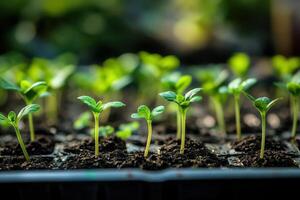 Young seedlings growing in soil trays for gardening. photo