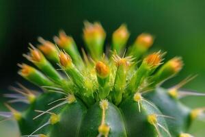 Close-up of a cactus with vibrant green and yellow tips. photo