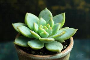 A vibrant succulent plant in a terracotta pot. photo