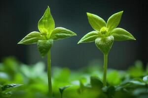 Two young green seedlings growing in a lush environment. photo