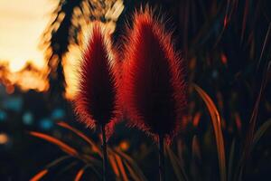 Two vibrant red plants against a sunset backdrop. photo