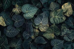 A close-up of lush green leaves with intricate patterns. photo