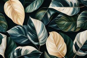 A vibrant arrangement of tropical leaves on a dark background. photo