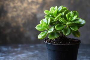 A lush green succulent in a black pot against a blurred background. photo
