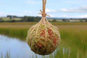 A moss ball hanging over a serene water landscape. photo