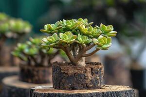 A small succulent plant in a rustic wooden pot. photo