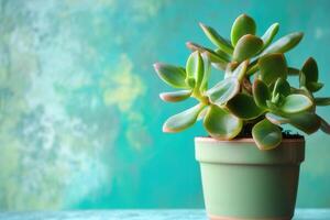 A succulent plant in a green pot against a colorful background. photo