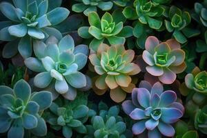 A vibrant assortment of succulents in various colors. photo